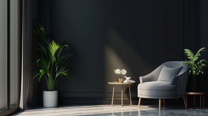Modern living room with armchair, table, flower and plant on black wall background. 