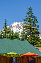 Top of modern apartment building with lamps, trees and beautiful mountain view in Vancouver, Canada, North America.