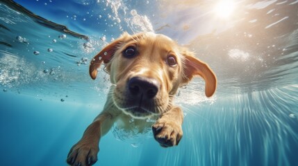 Funny underwater picture of puppies in swimming pool playing deep dive action training game with family pets and popular dog breeds during summer holidays. recreation, relax, generate by AI