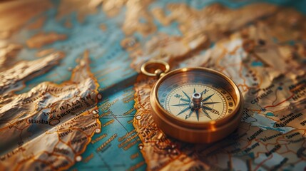 Close-up of an ancient compass on a detailed map. Emphasis on tourist attractions and planning Perfect for adventure and exploration themes.