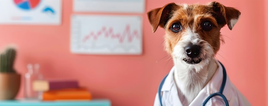 Cheerful Jack Russell Terrier Veterinarian with Colorful Medical Charts in Blush Pink Clinic