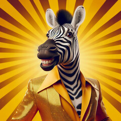 Portrait of anthropomorphic zebra in disco outfit standing isolated on striped retro background, copy space for text