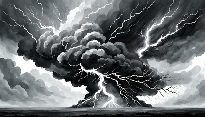 Black storm clouds with lightnings and smoke isolated on white background