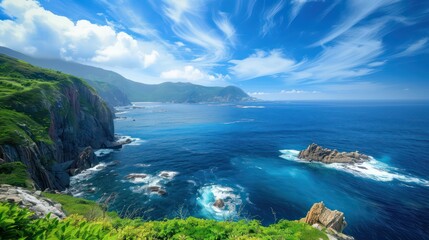 clear blue sea, surrounded by lush greenery and vibrant coral reefs