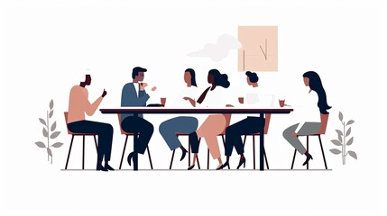 Minimalist character illustrations in Notion style, white background, with a group of people sitting at a table	
