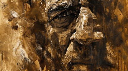 A portrait of creative realistic painting of old middle aged man with wrinkled face and was painted with brown brush. Represent emotional of upset, sorrow, unhappy. Modern impressionist art. AIG42.