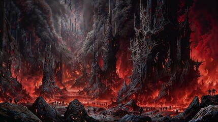 Apocalyptic vision of a fiery underworld with demonic trees and molten lava