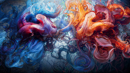 Abstract organic sculptures in vibrant blue and orange swirls