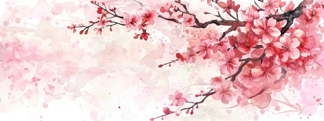 Fototapeta premium This watercolor cherry blossom floral background vector illustration features a pink and red color palette against a white background. It uses pastel colors with high resolution.