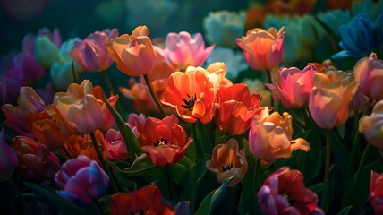 Fototapeta premium A cluster of tulips blooming in vibrant hues in a garden. . 