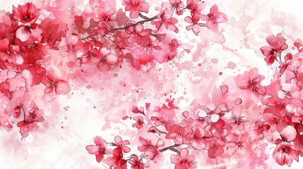 Fototapeta premium This watercolor cherry blossom floral background vector illustration features a pink and red color palette against a white background. It uses pastel colors with high resolution.