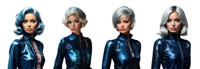 Fashion retro futuristic woman pop art style. Transparent background. Posing photoshoot. Trendy sunglasses. Vintage blue clothing. Beautiful makeup look. Bold eyeliner. Creative hairstyle