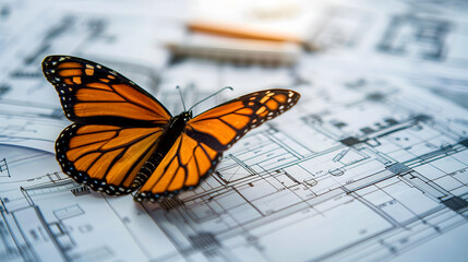 A butterfly sits on a blueprint