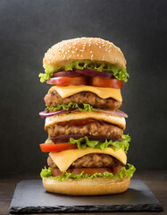 Triple decker cheeseburger, lettuce, heirloom tomatoes veggies, isolated on dark background. - obrazy, fototapety, plakaty