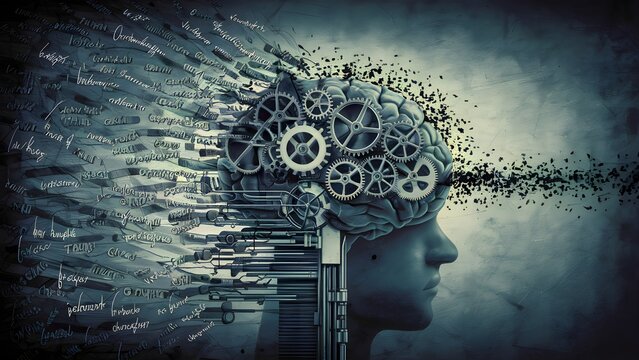 Head with gears and cogs, creative thinking brain process concept illustration