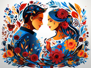 High clarity vector graphic of a couple in folk costumes with floral motif.