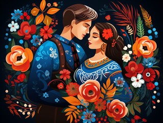 Highclarity vector graphic of a couple in folk costumes with floral motifs, playful design, bright colors ,  childlike drawing