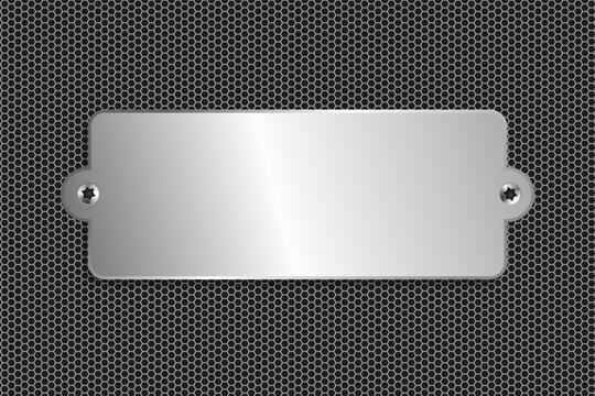 3d Name Engraving silver plate, Polished blank steel metal plate on Dark grid background steel metal texture surface