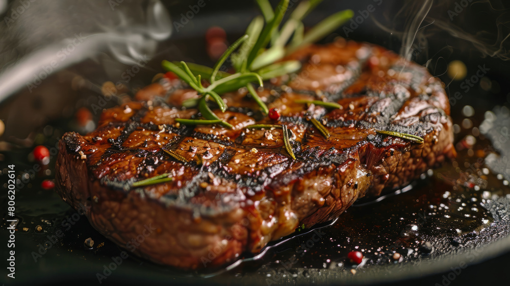 Wall mural Grilled steak on pan with herbs - Wall murals