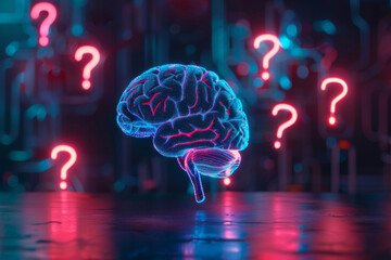 A photo of the brain with question marks all around, on a blurred background, in neon light. The concept of solving complex problems, everyday issues.