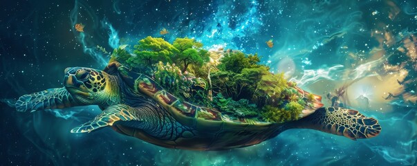 Obraz premium A turtle is floating in space with trees and plants surrounding it. The image has a whimsical and imaginative feel to it, as it combines elements of nature and the cosmos