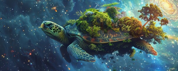 Obraz premium A turtle is floating in space with a tree on its back. The turtle is surrounded by stars and planets, giving the image a sense of wonder and adventure