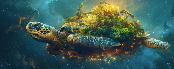 A turtle is floating in space with a forest on its back. The turtle is surrounded by stars and clouds, giving the impression of a fantastical world