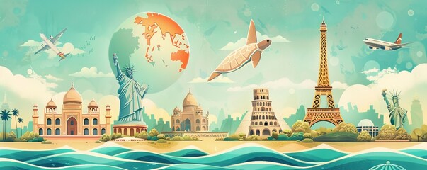 A colorful poster of a world map with various landmarks and airplanes. The poster conveys the idea of travel and adventure, with the different landmarks representing different destinations