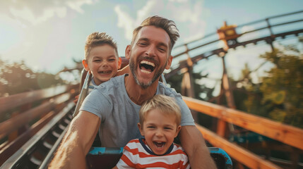 father and son ride on a roller coaster, amusement park, carousel, slide, man, child, boy, kid, family, father's day, joy, emotion, people, portrait, laughter, scream, smile, together, parent, happy - Powered by Adobe