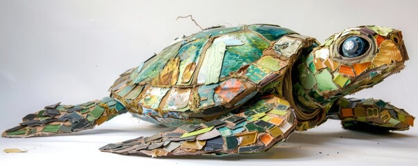 A turtle made of recycled materials is sitting on a white background. The turtle is made of various colored pieces of paper and has a unique and artistic appearance - Powered by Adobe