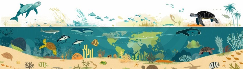 A colorful ocean scene with many different sea creatures, including a turtle. The image is a beautiful representation of the diversity of marine life and the importance of preserving our oceans