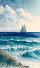 Drawing of boat is under sail, painting. Ship in ocean. Painting seascape. Sea wave.