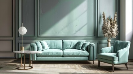 Modern living room mockup with mint green sofa, armchair and luxury living room interior background.