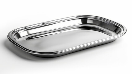 Stainless steel serving tray on white background.