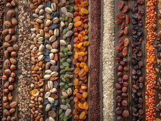 A variety of colorful dried fruits and nuts are neatly arranged on a rustic wooden board, showcasing a mix of textures and shades. A wholesome, nutritious choice, concept of healthy snacking.