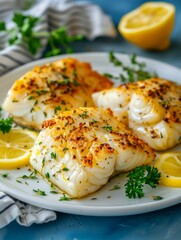 Delicately baked cod fillets, finished with a citrus glaze and garnished with fresh lemon slices and herbs, offering a light and healthy meal.