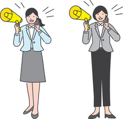 メガホンを持って応援する女性二人-夏期講習ー人物ーシンプルカラーベクターイラスト素材