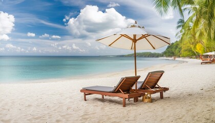 pristine with white sand adorned with chairs and an umbrella of travel and tourism against a wide panoramic backdrop, chairs and umbrella