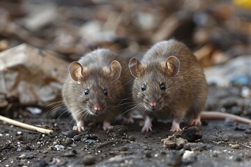 Dirty disgusting rats or mouses on area that was filled with sewage, smelly, damp, and garbage bags. Referring to the problem of rats in the city, disease outbreaks from animals, filth of city.