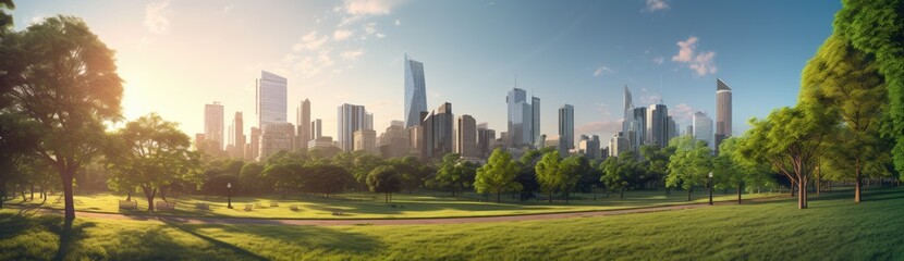 Fototapeta premium Urban Oasis: Panoramic View of Central City Park, a Tranquil Haven Amidst Bustling Streets