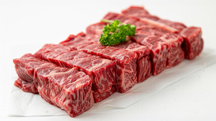 Raw marbled ribeye steak with parsley.