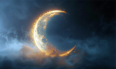 Gold Half Moon on a dark clouds blue background, Ramadan Kareem Greeting Card. Eid mubarak, Eid al...