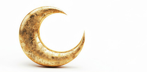 Gold Half Moon on a light background, Ramadan Kareem Greeting Card. Eid mubarak, Eid al Adha banner. Holiday Horizontal  cartoon  banner with copy space.