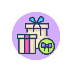 Gifts line icon. Present boxes with ribbon and bow, sticker outline sign. Surprise, sale, bonus concept. Vector illustration, symbol element for web design and apps