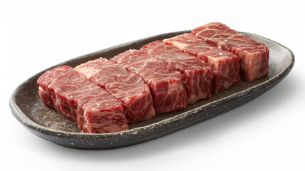 Obraz premium Raw marbled ribeye steaks on a plate.