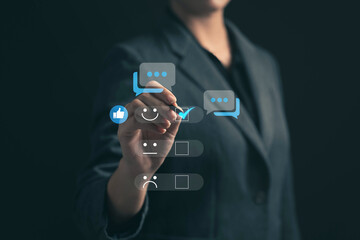 Concept of evaluating satisfaction after receiving service. Customers are estimating their satisfaction after receiving service and making additional recommendations. Evaluating quality and standards.