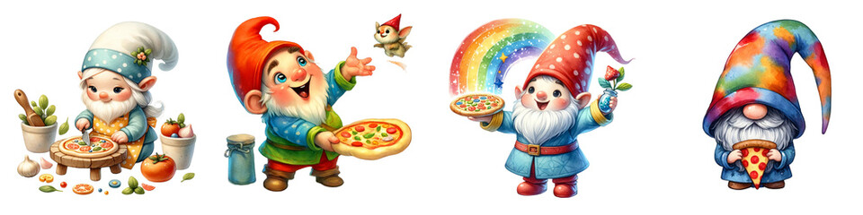 Fototapeta premium Watercolor pizza set on white background