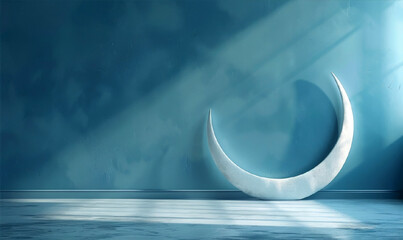 White Half Moon on a light blue background, Ramadan Kareem Greeting Card. Eid mubarak, Eid al Adha...