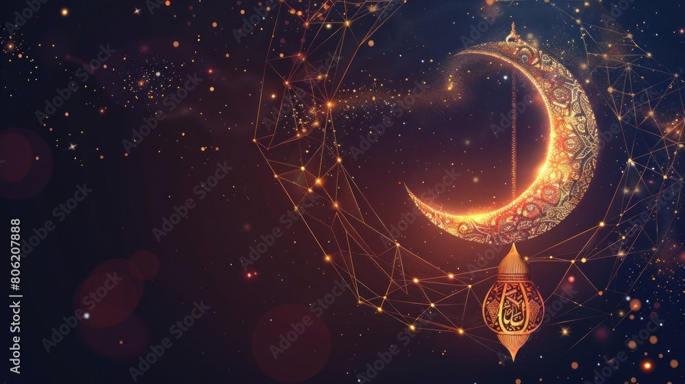 Wall mural Ramadan lantern copy space made of technological dots and lines