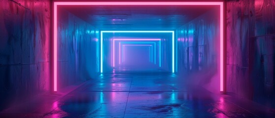 Glowing blue and pink neon lights in a dark tunnel.